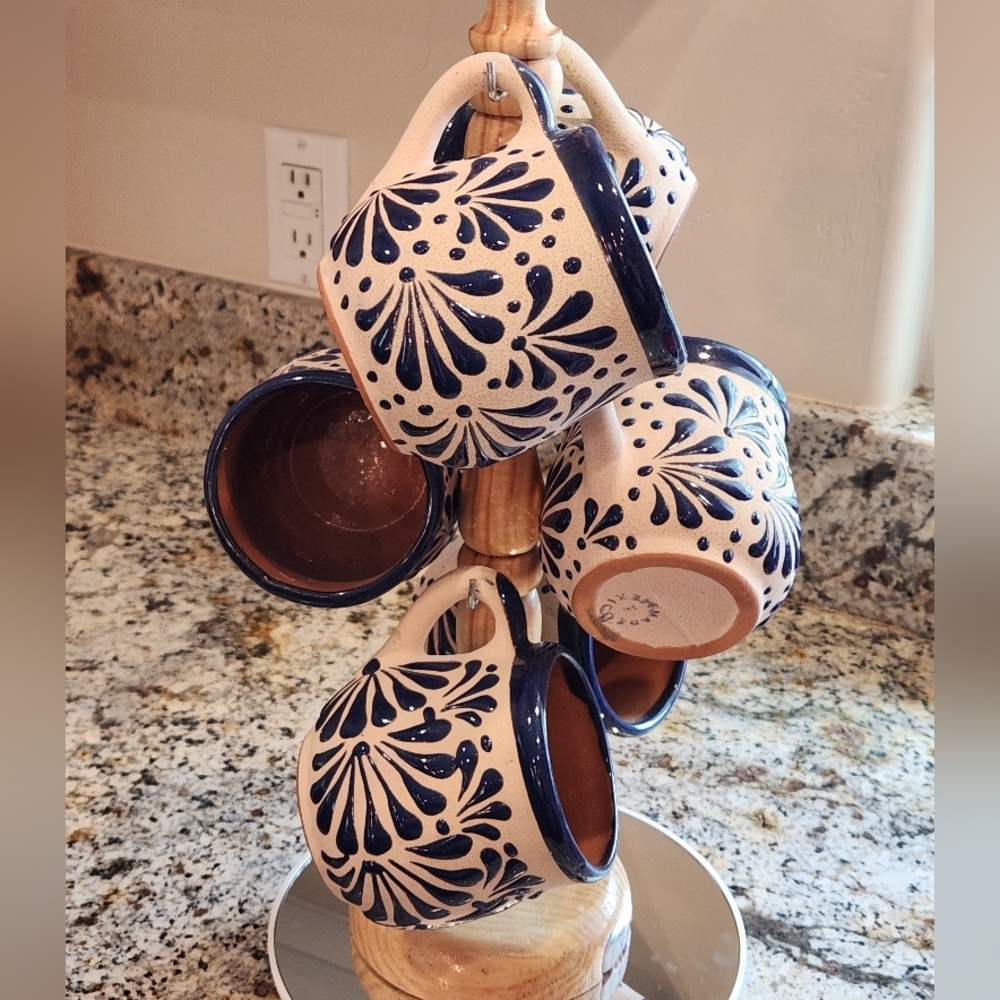 Mexican Artisan Hand Painted Jarrito Set (6) + Wooden Holder